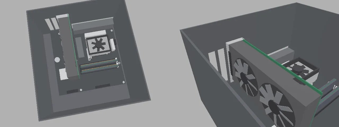 Two renders of machine M01's visual meshes placed in an open case: motherboard, RAM, cooler and graphics card.